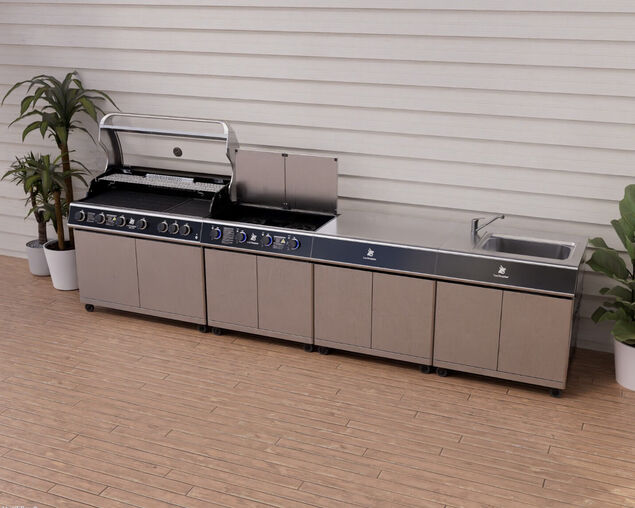 Beefmaster Deluxe 6 Burner Outdoor Kitchen with Range, Sink & Bench on Deluxe Carts, , hi-res
