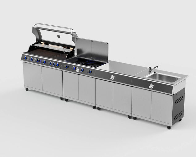 Beefmaster Deluxe 6 Burner Outdoor Kitchen with Range, Sink & Bench on Deluxe Carts, , hi-res