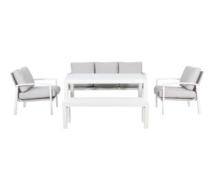 Jette 5 Piece Outdoor Low Dining Setting with 1 Three-Seat Lounge, 2 Single-Seat Lounges, 1 Table and 1 Bench - White