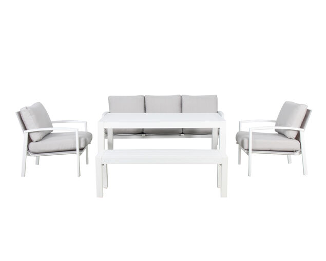 Jette 5 Piece Outdoor Low Dining Setting with 1 Three-Seat Lounge, 2 Single-Seat Lounges, 1 Table and 1 Bench, , hi-res