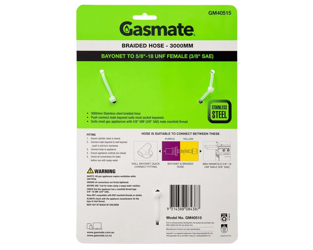 Gasmate Braided Bayonet Hose - 3000mm (Bayonet To 5/8" UNF (3/8" SAE)), , hi-res