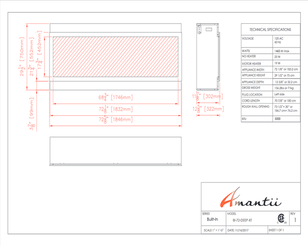 Amantii Smart 72″ Wide – Deep Indoor or Outdoor Electric Built-in only with Black Steel Surround, , hi-res