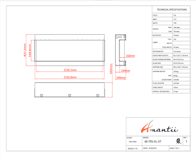 Amantii Smart 88" unit - 14 1/4" in depth 3 sided glass fireplace, , hi-res