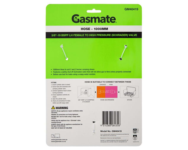 Gasmate PVC Hose - 1000mm (3/8" BSPP LH To High Pressure (Schrader) Valve), , hi-res
