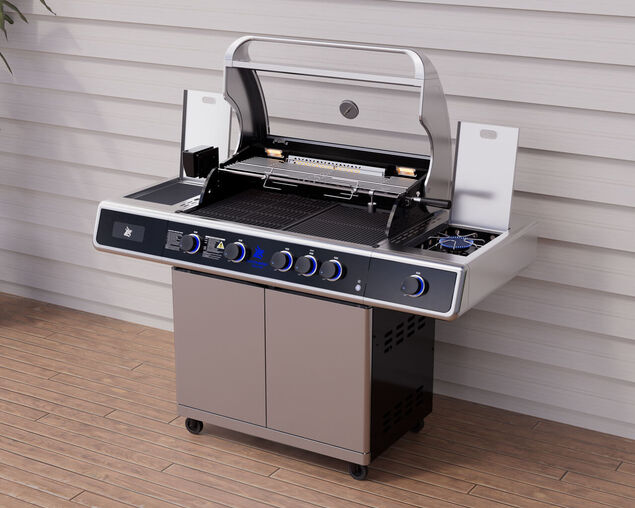 Beefmaster Deluxe T-Series 4 Burner BBQ on Deluxe Cart with Cast Iron Side Burner, , hi-res