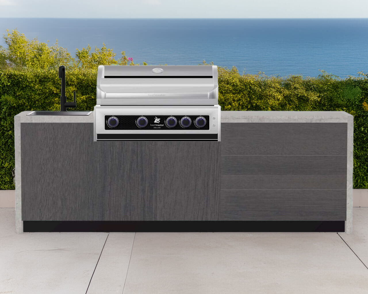Buy Alfresco Kitchen Co with Deluxe Beefmaster 4 Burner Built In BBQ Single Sink Module and a Double Drawer Module at Barbeques Galore