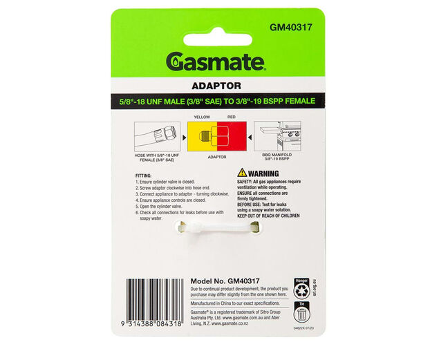 Gasmate Adaptor-  5/8"-18 UNF Male (3/8" SAE) to 3/8"-19 BSPP Female, , hi-res
