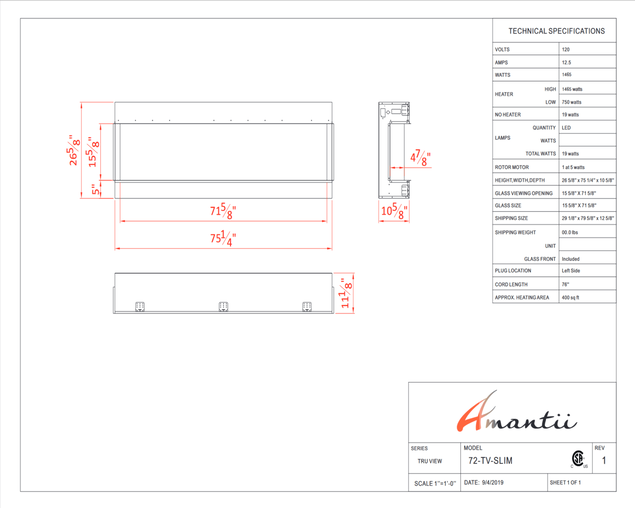 Amantii Smart 72" unit – 10 5/8" in depth 3 sided glass fireplace, , hi-res