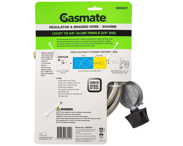 Gasmate Braided Hose & Regulator - 2000mm (LCC27 TO 5/8" UNF (3/8" SAE)), , hi-res