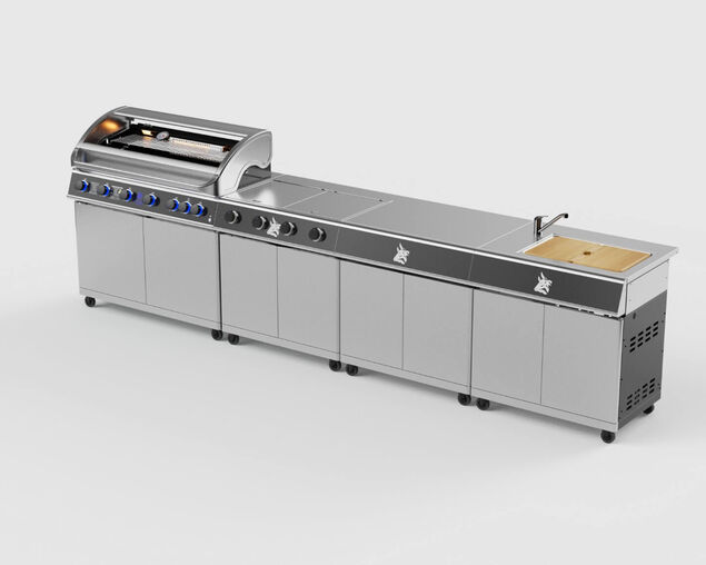 Beefmaster Deluxe 6 Burner Outdoor Kitchen with Range, Sink & Bench on Deluxe Carts, , hi-res