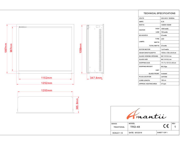 Amantii Smart 48” Fireplace – includes a steel trim, glass inlay, 20 piece log set with remote and cord, , hi-res