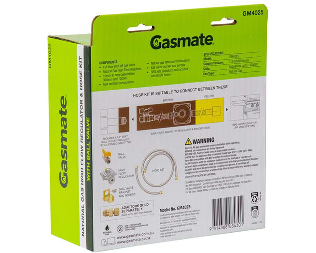 Gasmate Natural Gas High Flow Regulator & Hose Kit with Ball Valve (1/2" BSPT TO 5/8" UNF (3/8" SAE)), , hi-res
