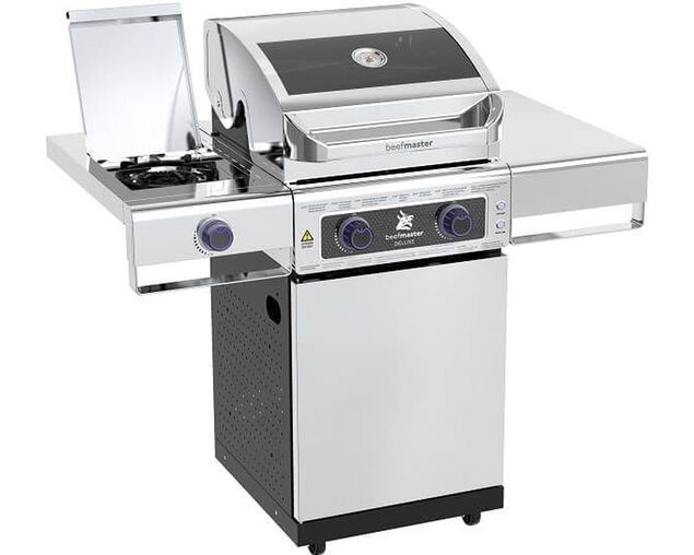 Buy Deluxe Beefmaster 2 Burner BBQ on Deluxe Cart with Cast Iron Side
