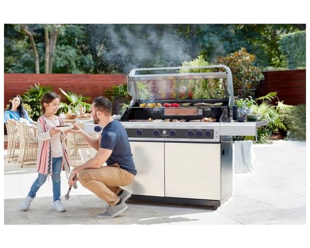 Deluxe Beefmaster 4 Burner BBQ on Deluxe Cart with Cast Iron Side Burner, , hi-res