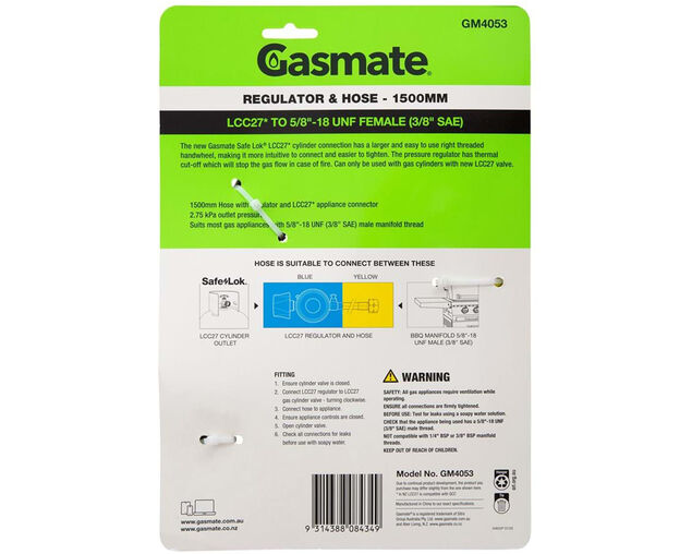 Gasmate PVC Hose & Regulator - 1500mm (LCC27 TO 5/8" UNF (3/8" SAE)), , hi-res