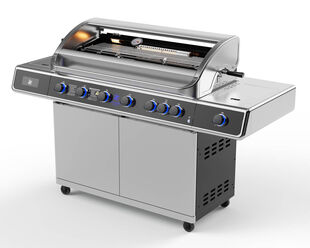 Deluxe Beefmaster T-Series 6 Burner BBQ on Deluxe Cart with Cast Iron Side Burner