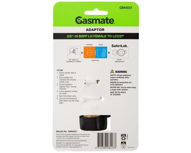Gasmate Adaptor - 3/8" BSPP LH TO LCC27, , hi-res