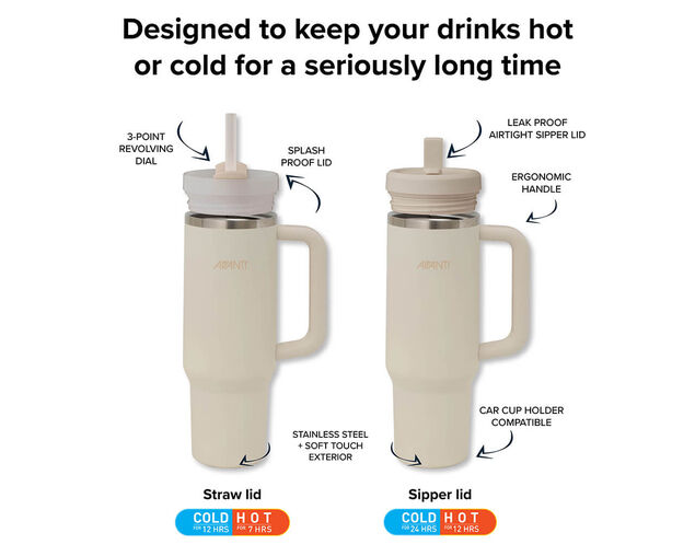 Avanti Hydroquench Insulated Travel Tumbler with Two Lids 1L - Sand Dune, Sand Dune, hi-res