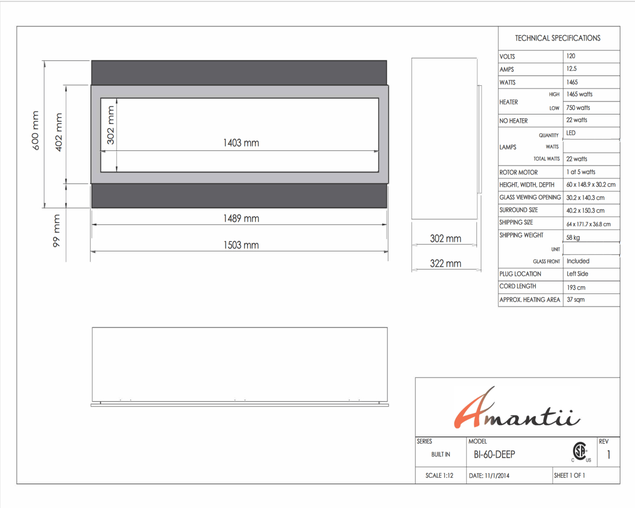 Amantii Smart 60" Electric Deep Built-in only comes with optional black steel surround, , hi-res