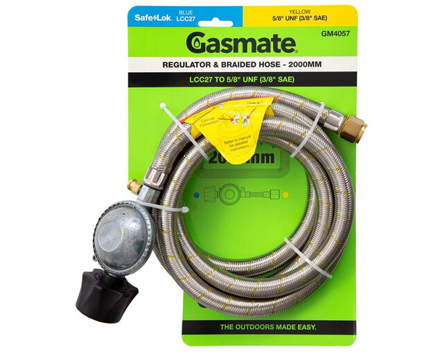 Gasmate Braided Hose & Regulator - 2000mm (LCC27 TO 5/8" UNF (3/8" SAE)), , hi-res