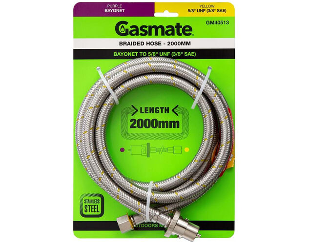 Gasmate Braided Bayonet Hose - 2000mm (Bayonet To 5/8" UNF (3/8" SAE)), , hi-res
