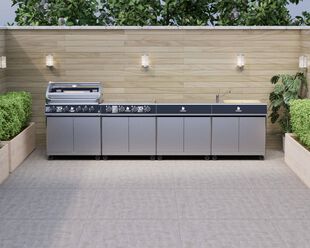 Beefmaster Deluxe 4 Burner Outdoor Kitchen with Range, Sink & Bench on Deluxe Carts