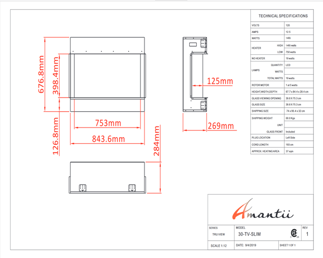 Amantii Smart 30" unit – 10 5/8" in depth 3 sided glass fireplace, , hi-res