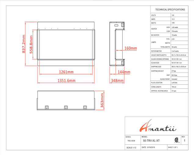 Amantii Smart 50" unit - 14 1/4" in depth 3 sided glass fireplace, , hi-res