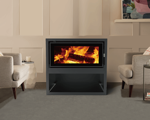 Aura MKII Freestanding Wood Heater on Wood Stacker