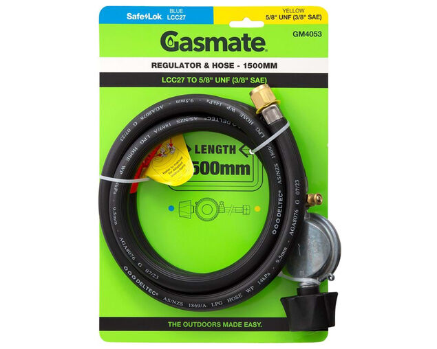 Gasmate PVC Hose & Regulator - 1500mm (LCC27 TO 5/8" UNF (3/8" SAE)), , hi-res