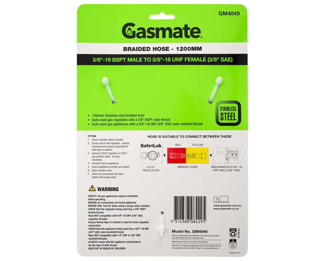 Gasmate Braided Hose -1200mm (3/8" BSPT TO 5/8" UNF (3/8" SAE)), , hi-res