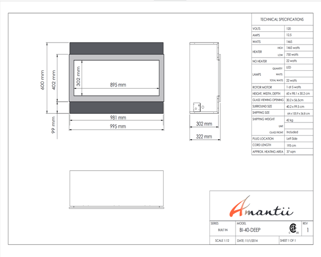 Amantii Smart 40" Electric Deep Built-in only comes with optional black steel surround, , hi-res