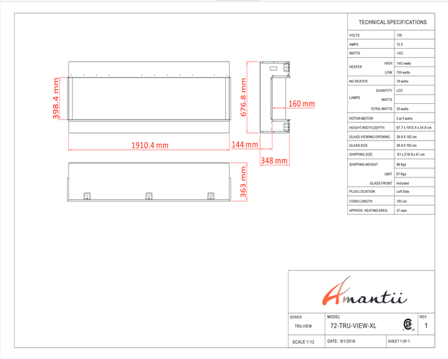 Amantii Smart 72" 3 sided glass electric fireplace Built-in only, , hi-res