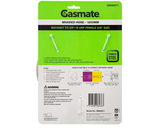 Gasmate Braided Bayonet Hose - 1200mm (Bayonet To 5/8" UNF (3/8" SAE)), , hi-res