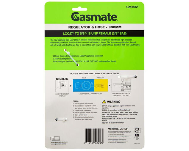 Gasmate PVC Hose & Regulator - 900mm (LCC27 TO 5/8" UNF (3/8" SAE)), , hi-res
