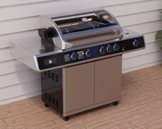 Beefmaster Deluxe T-Series 4 Burner BBQ on Deluxe Cart with Cast Iron Side Burner, , hi-res
