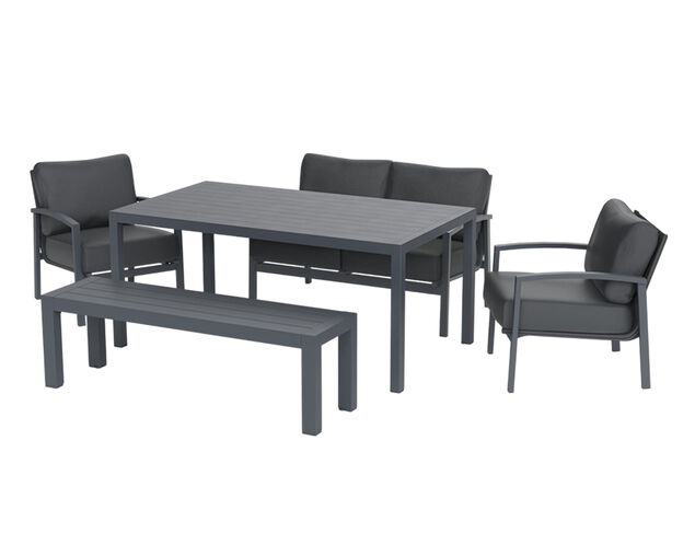 Jette 5 Piece Outdoor Low Dining Setting with 1 Two-Seat Lounge, 2 Single-Seat Lounges, 1 Table and 1 Bench - Gunmetal Grey, , hi-res