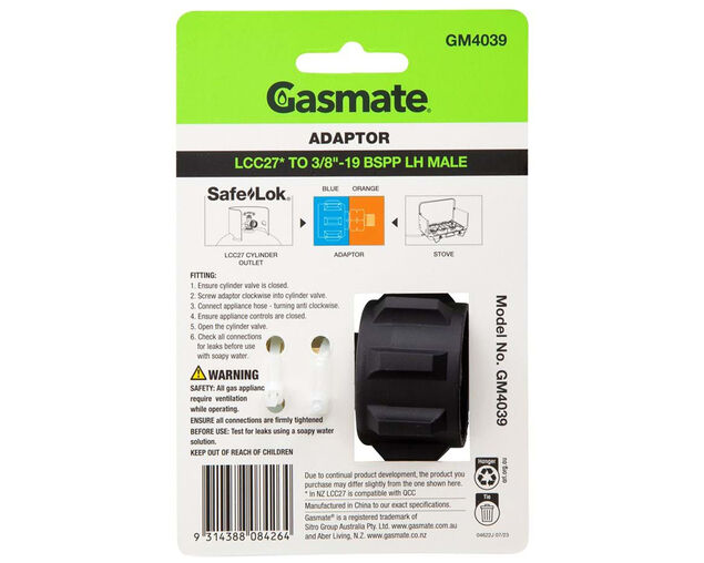 Gasmate Adaptor - LCC27 to 3/8 BSPP-LH, , hi-res