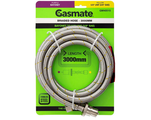 Gasmate Braided Bayonet Hose - 3000mm (Bayonet To 5/8" UNF (3/8" SAE)), , hi-res