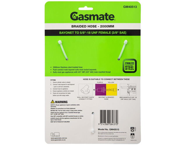 Gasmate Braided Bayonet Hose - 2000mm (Bayonet To 5/8" UNF (3/8" SAE)), , hi-res