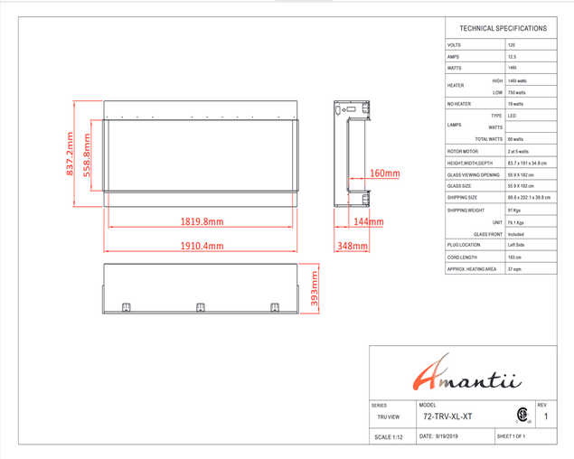 Amantii Smart 72" unit - 14 1/4" in depth 3 sided glass fireplace, , hi-res