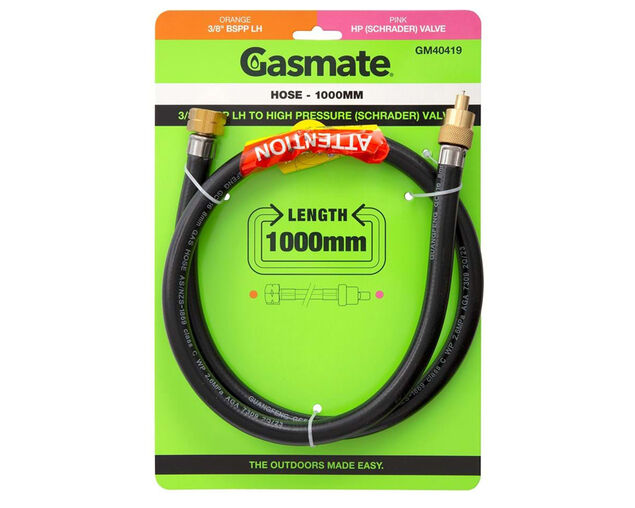 Gasmate PVC Hose - 1000mm (3/8" BSPP LH To High Pressure (Schrader) Valve), , hi-res