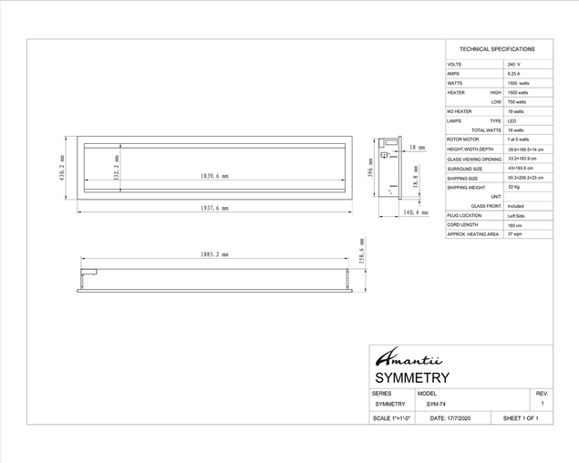 Amantii Smart 74" Clean face Electric Built-in with log and glass, black steel surround, , hi-res