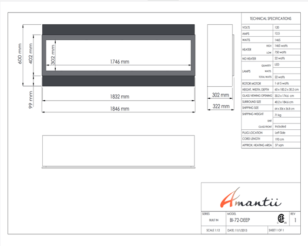 Amantii Smart 72" Electric Deep  Built-in only comes with optional black steel surround, , hi-res