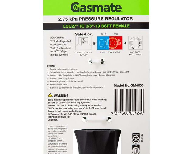 Gasmate 2.75 kPa Pressure Regulator LCC27 to 3/8" BSPT, , hi-res