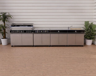 Beefmaster Deluxe 6 Burner Outdoor Kitchen with Range, Sink & Bench on Deluxe Carts