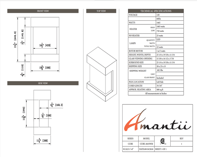 Amantii Smart 25" unit - 11 3/4" in depth 3 sided glass fireplace, , hi-res