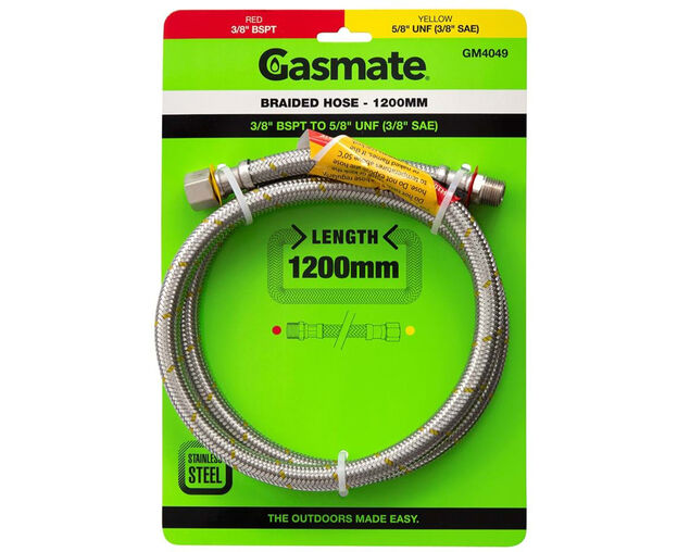 Gasmate Braided Hose -1200mm (3/8" BSPT TO 5/8" UNF (3/8" SAE)), , hi-res