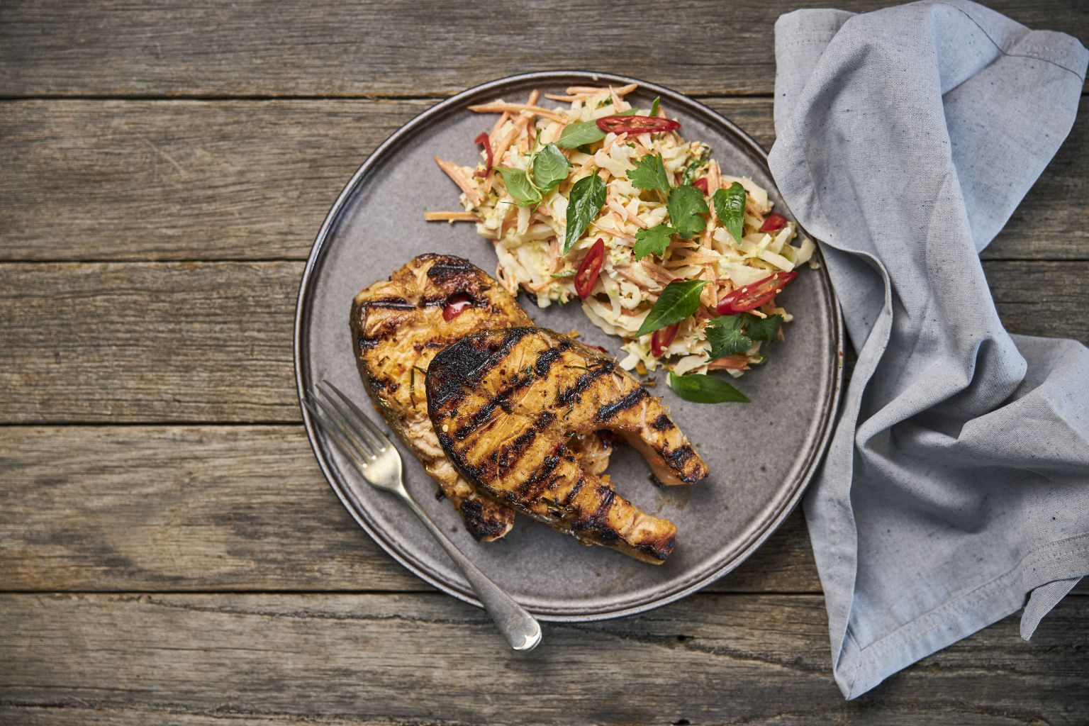 BBQ Salmon Cutlets with Spicy Slaw - Farm to Fork