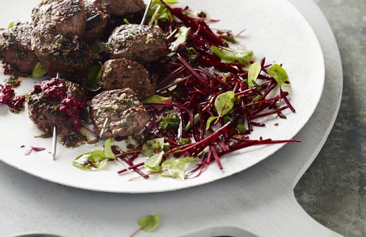 Venison Skewers with Beetroot Chimichurri